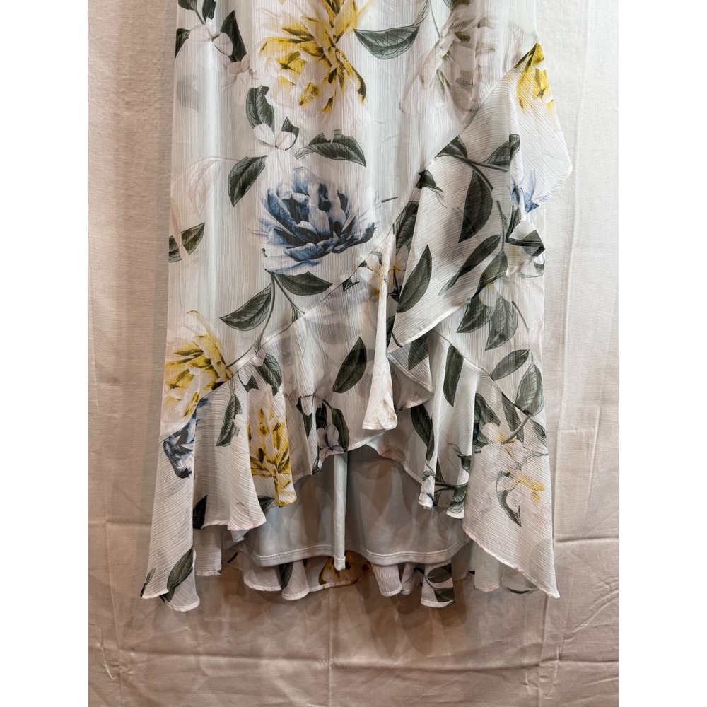 Calvin Klein Floral High-Low Ruffle Chiffon Midi Dress White Blue Yellow Size 8 - Picture 4 of 11